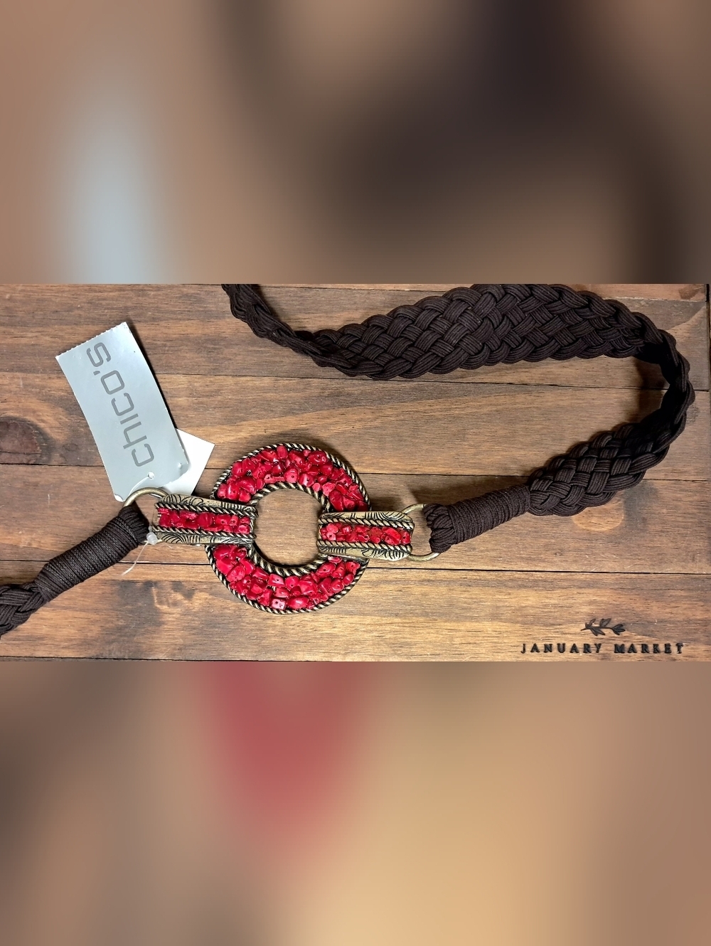 Chico's Brown Braided Belt with Beaded Buckle NWT - Picture 2 of 5